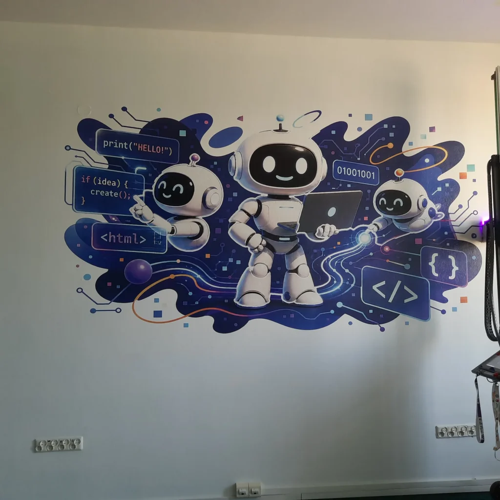Pracownia robotyki — realizacja Ścianografii Druk ścienny UV — kolorowy mural robotów w pracowni edukacyjnej