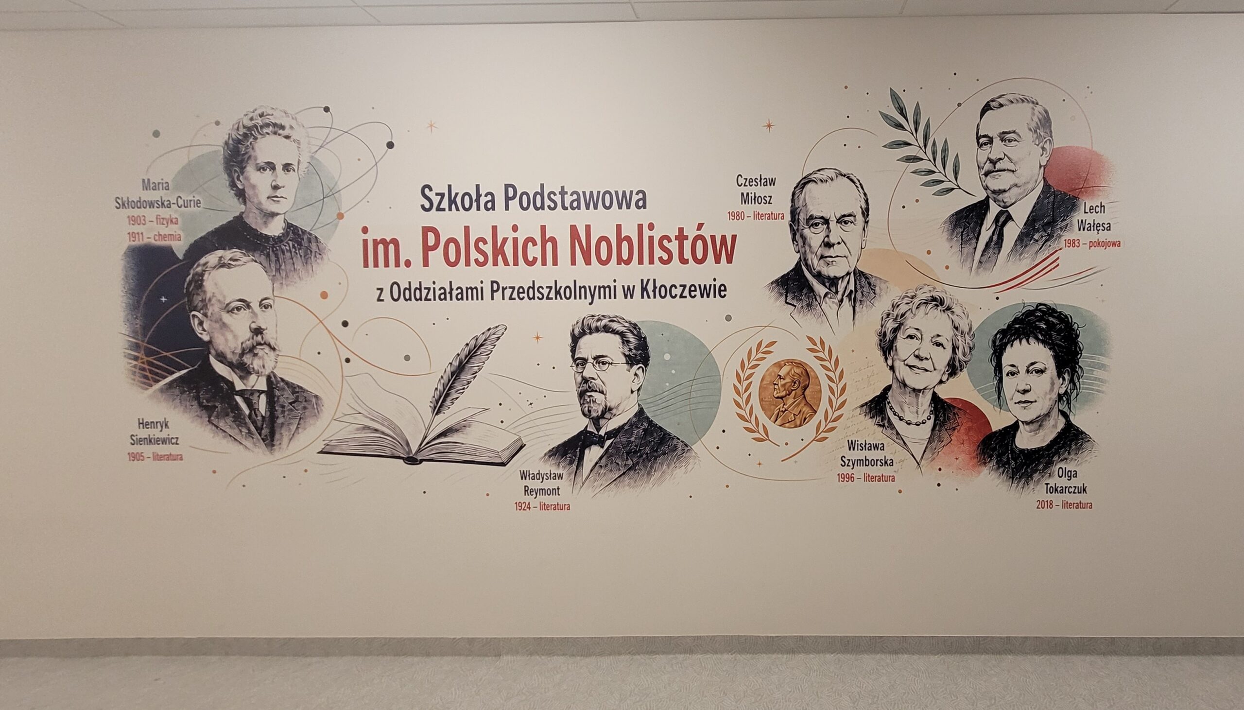 Polscy Nobliści — Szkoła Podstawowa w Kłoczewie Portrety polskich noblistów na ścianie Szkoły Podstawowej im. Polskich Noblistów z Oddziałami Przedszkolnymi w Kłoczewie