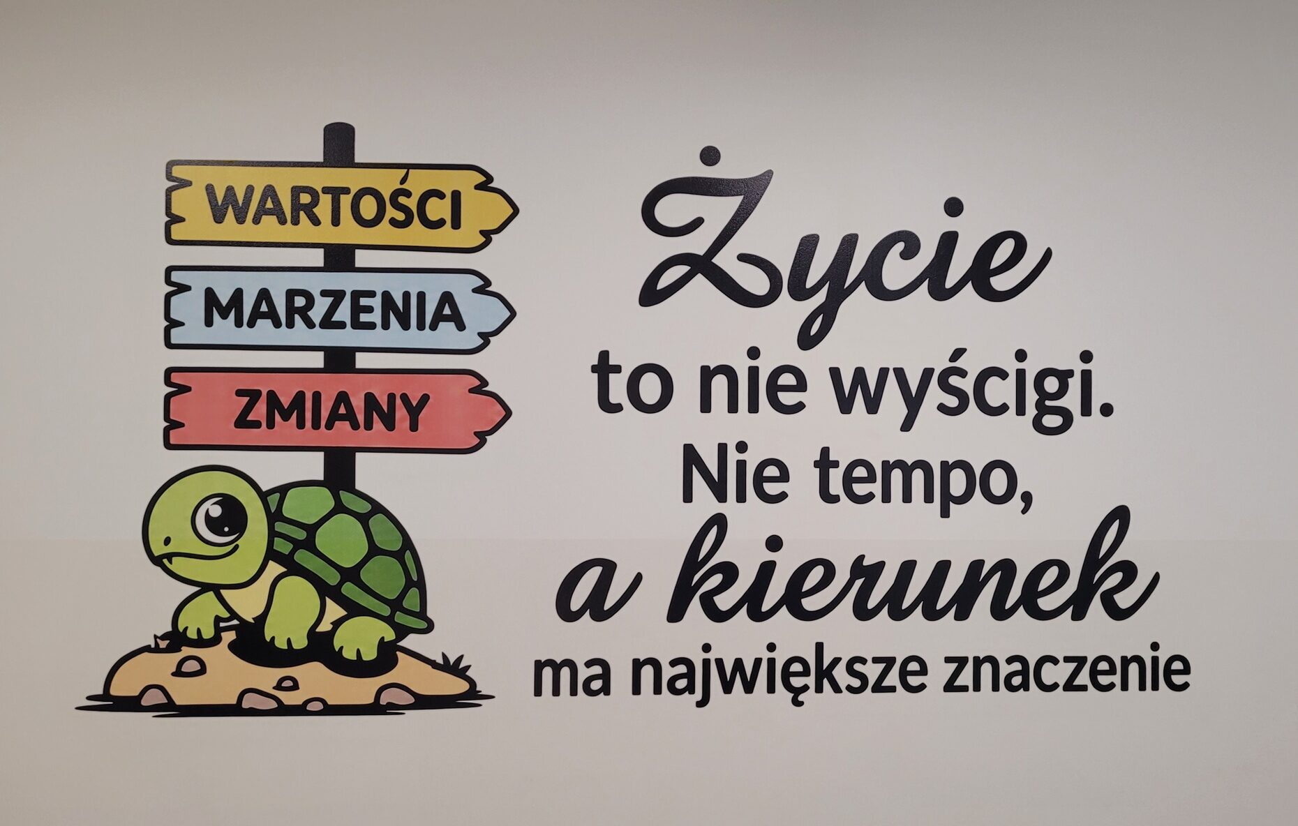 Żółw i drogowskazy — Szkoła Podstawowa w Kłoczewie Zielony żółw pod drogowskazami Wartości, Marzenia i Zmiany oraz napis o znaczeniu kierunku w życiu.